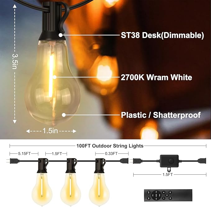 100FT Outdoor String Lights Waterproof - Image 5