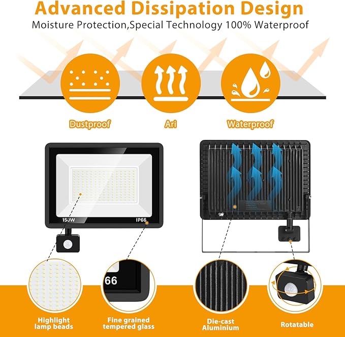 YANYCN 2 Pack 150W LED Motion Sensor Flood Light, 5000K Daylight, IP66 - Image 3