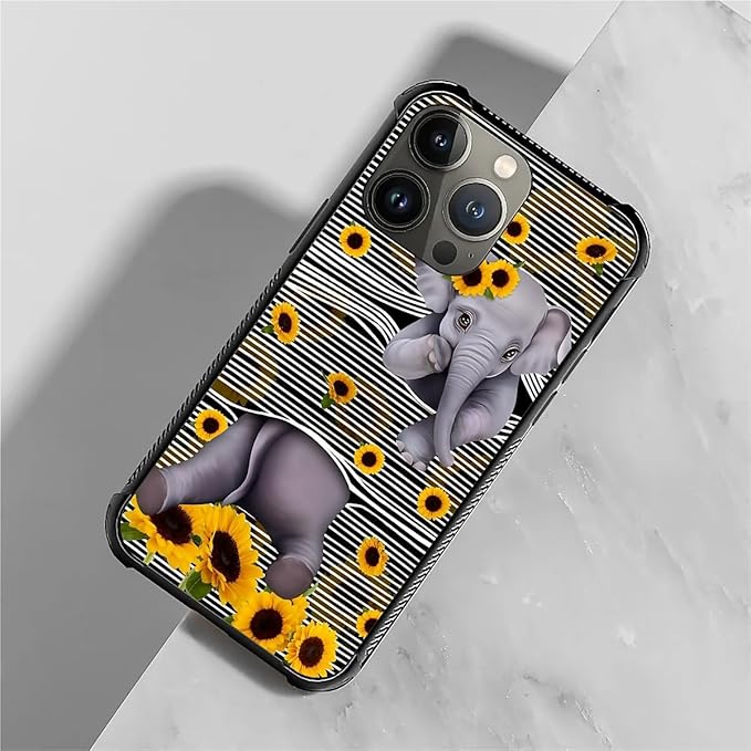 for iPhone 14 Pro Case, Cute Little Elephant Sunflower White Line Art Pattern - Image 7
