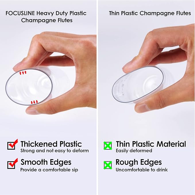 FOCUSLINE 24 Pack 9 Oz Plastic Stemless Gold Rim Champagne Flutes, Heavy Duty - Image 3