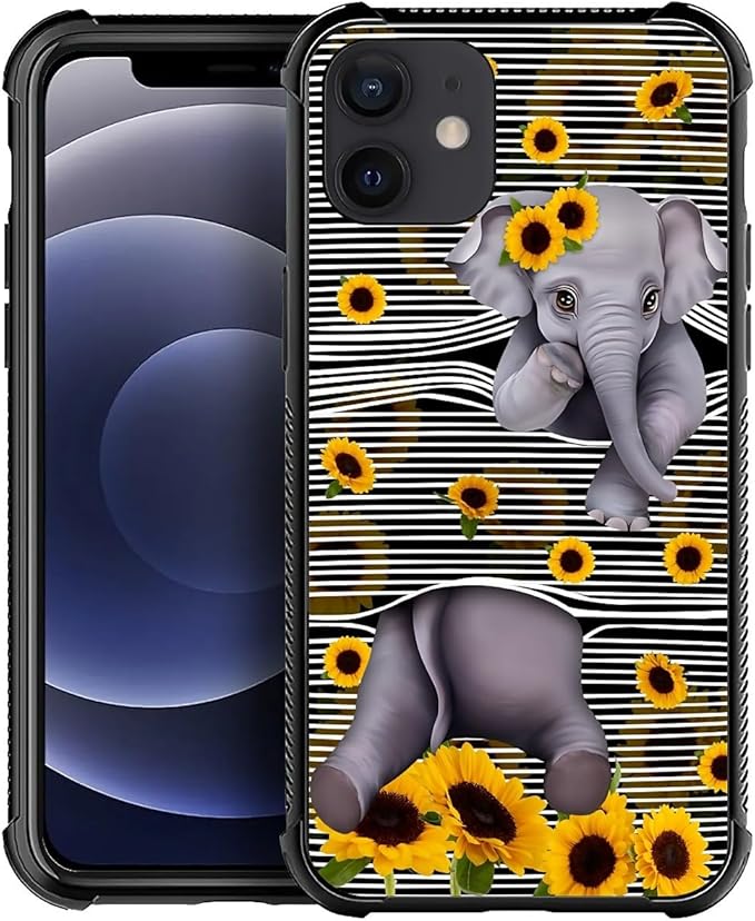 for iPhone 11 Case, Cute Little Elephant Sunflower White Line Art Pattern by FKBRCL4U
