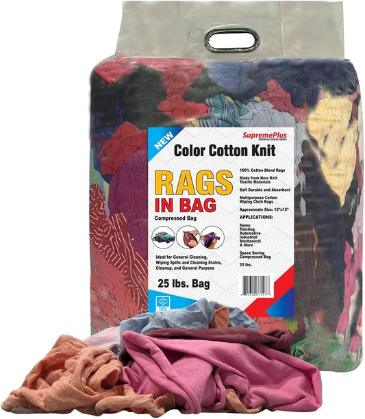 Premium Color Knit Cleaning Rags (25 lbs. Bag) – Shop Rags Bulk for Workshops, Mechanics, Painters, and Home Use, Multipurpose Cotton T-Shirt Rags