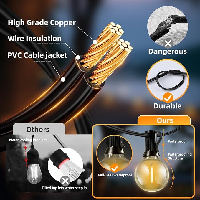 Solar Lights Outdoor Waterproof: G40 60M 200FT Shatterproof Bulbs Patio Lights - Image 6