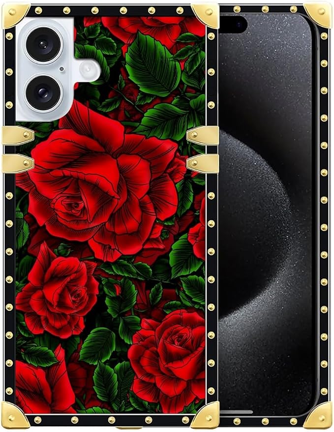 Compatible with iPhone 16 Plus Case, Vector Red Rose Green Leaf Luxury Golden by Unknown