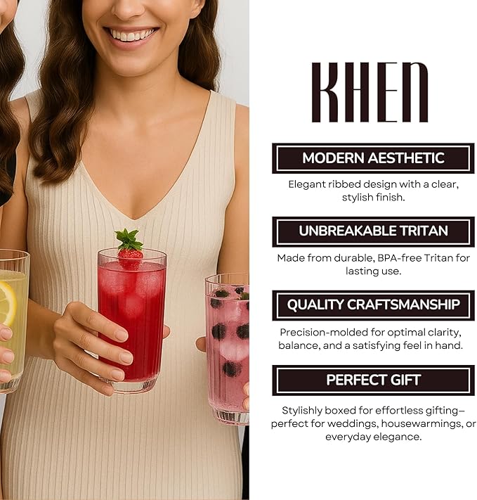 Khen Plastic Acrylic Ribbed Drinking Glasses – Set of 4 Clear 11.8oz Tritan - Image 6