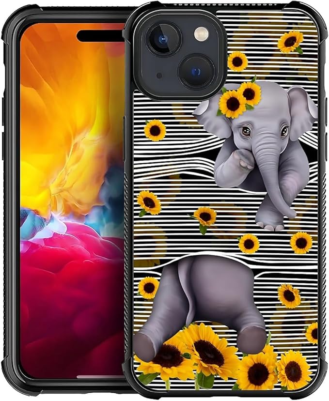 for iPhone 15 Plus Case, Cute Little Elephant Sunflower White Line Art Pattern by FKBRCL4U