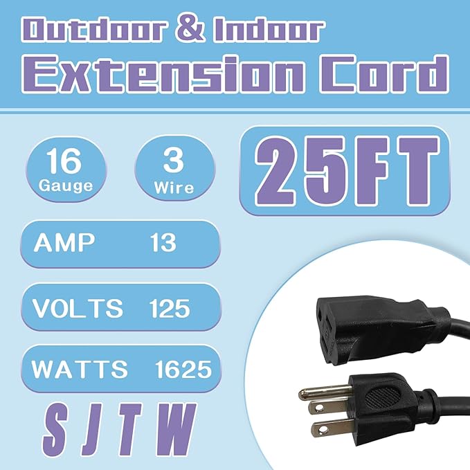 Indoor Outdoor Extension Cord 25 FT, 16/3 SJTW Weatherproof Black Electrical - Image 2
