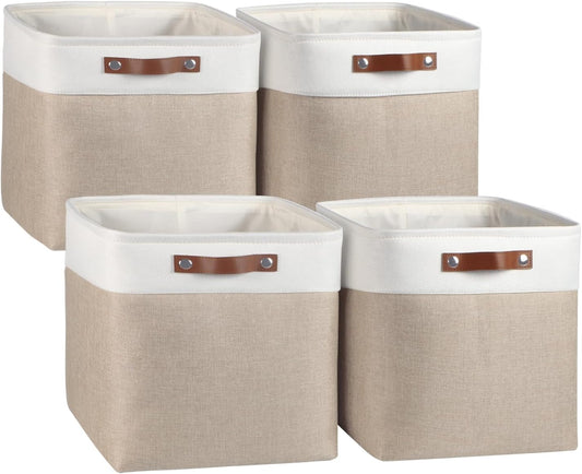 Univivi 4 PC 13 Inch Cube Storage Baskets with Hard Bottom for Shelves Foldable Storage Baskets for Closet Storage Clothes,Cube Storage Bin, Storage Basket with Handles for Organizing (Khaki)