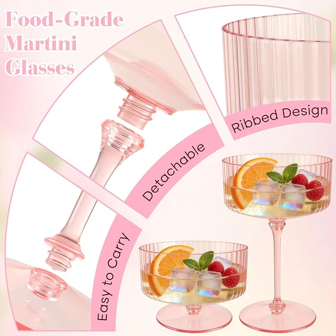 PLULON 24 Pcs Pink Champagne Martini Glasses Set 10 Oz Plastic Ribbed Coupe Cup - Image 4