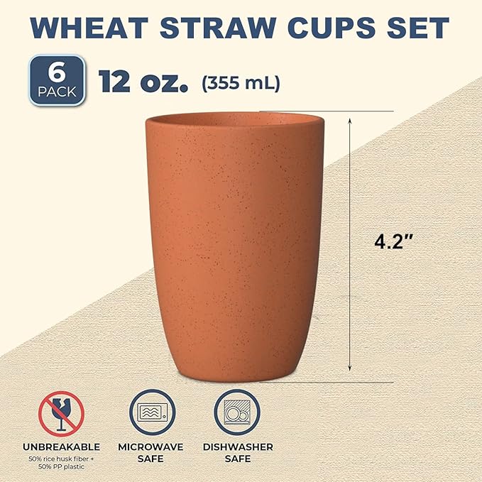 Wheat Straw Cups 6 PCS Good Alternative to Plastic Reusable Cups 12 oz - Image 2