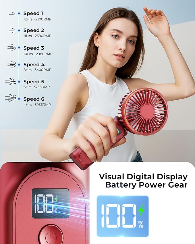 Portable Handheld Fan, 180 Adjustable, 6 Speed Wind, Display Electricity in - Image 5