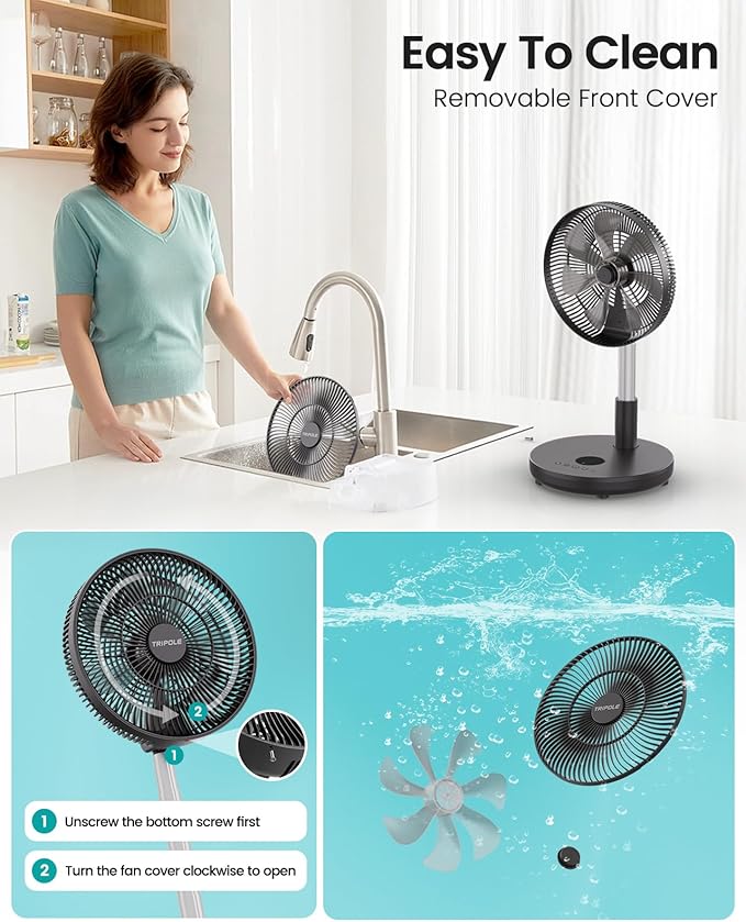TriPole Foldable Standing Fan 12" Portable Rechargeable Battery Pedestal Fan - Image 8