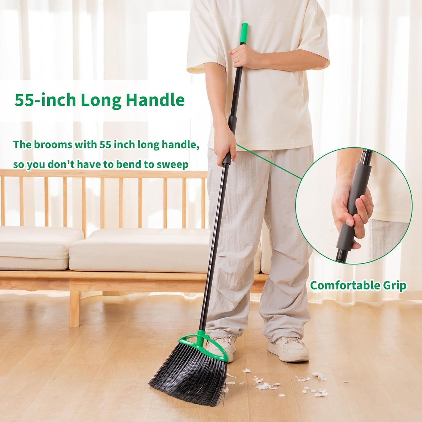 2 Pack Angle Broom, 55" Long Handle Heavy-Duty Indoor Outdoor Brooms, Household Commercial Floor Cleaning, for Sweeping Home, Kitchen, Office, Lobby, Deck, Garage, Patio, Shop (Green)