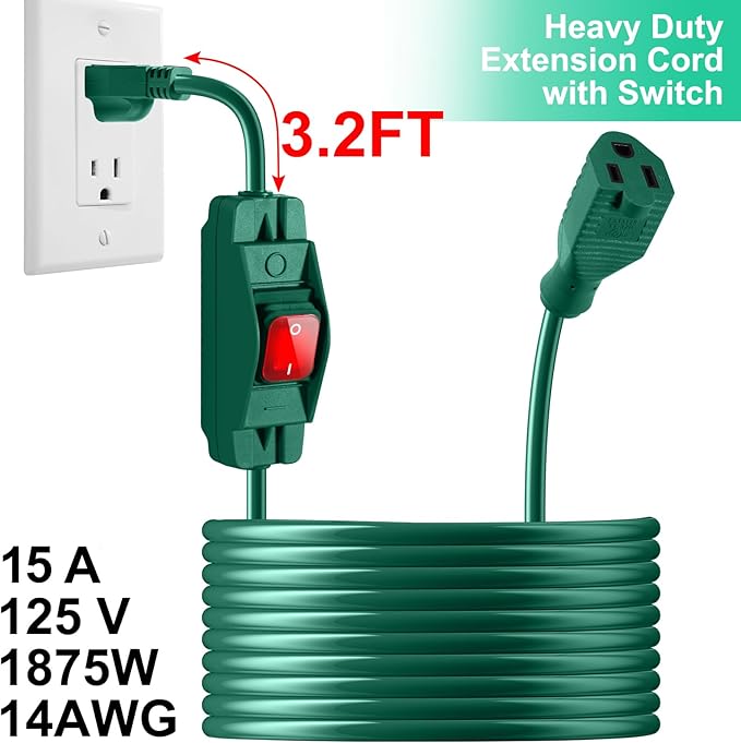 Outdoor Waterproof On/Off Switch Extension Cord, Heavy Duty 125v/250v Black - Image 3