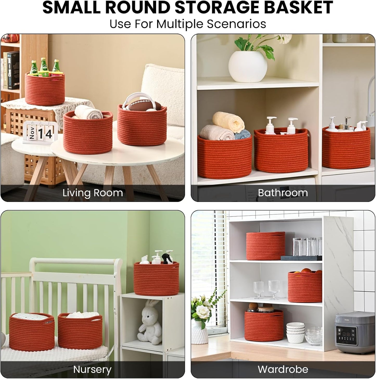 Small Storage Baskets for Organizing, Organizer Bins for Shelves, Small Woven Baskets for Storage, Red Baskets for Gifts, Organization Bins, Baskets for Decor, 9.7"×9.7"×7" (3 Packs) Brick Red