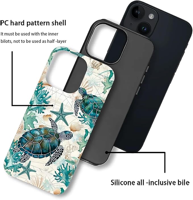 for iPhone 14 Plus Case, HH2 Ocean Sea Turtle Nautical Map Hybrid 2 Layer Hard - Image 3