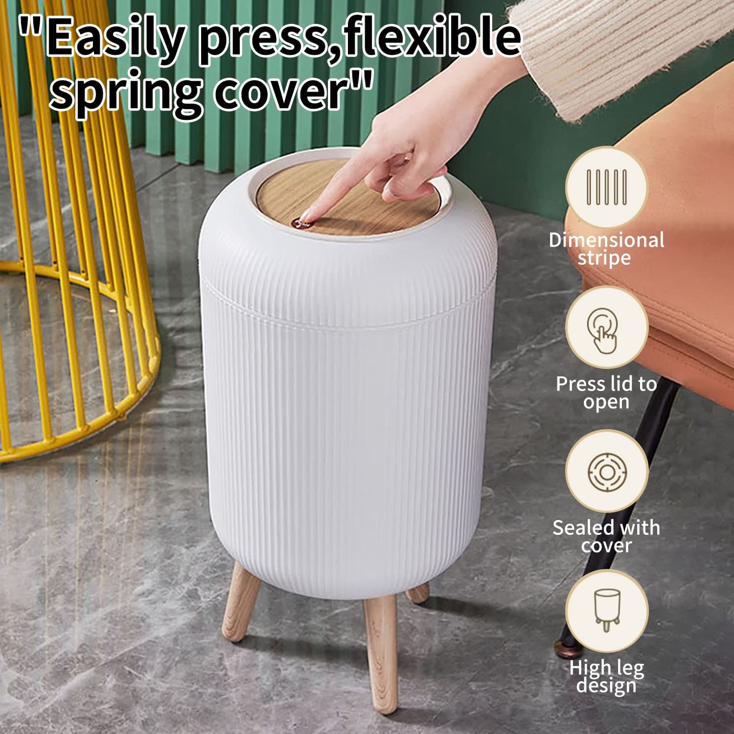 Trash Can With Lid for Bathroom, 2 Gallon/10 Liter Round Garbage Bin With Press Top, Plastic Modern Wastebasket With Soft Close, Container for Bedroom, Living Room, Office (White)