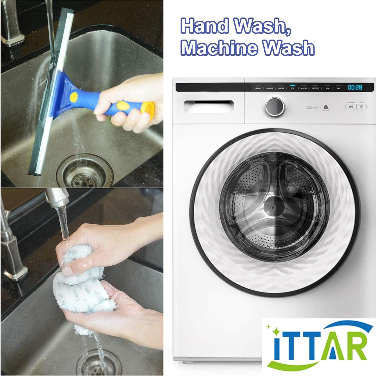 ‌ITTAR Window Squeegee Cleaner Kit, 5Ft Extendable Stainless Steel Pole with Rotatable Rubber Squeegee & 2 Microfiber Scrubber Pads, Professional Window Cleaning Tool for Home, Shower, Car, Windshield