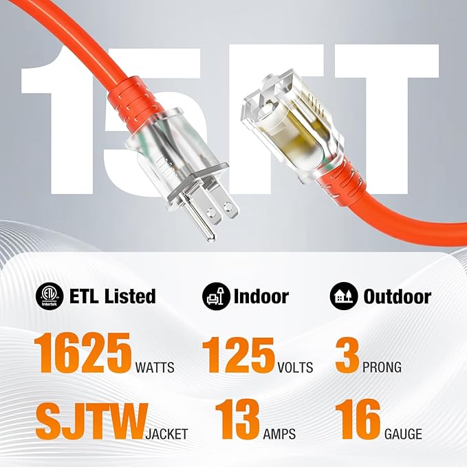 15 FT Outdoor Extension Cord Waterproof, 16/3 Gauge Heavy Duty 3 Prong Power - Image 2