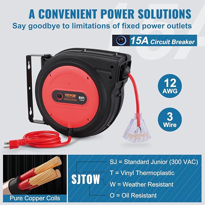 VEVOR 80FT Retractable Extension Cord Reel, 12AWG/3C SJTOW Heavy Duty Power - Image 4