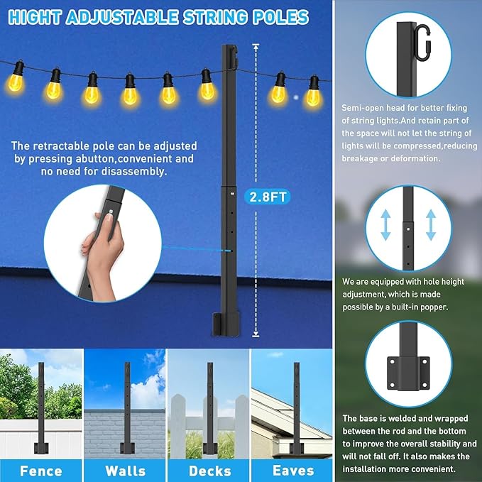 NUERPO 10 Pack String Light Poles, 2.8Ft Metal Poles - Image 2