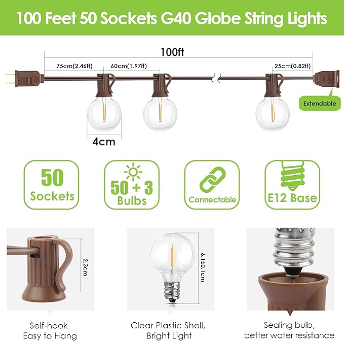 Mlambert 100Ft LED Outdoor String Lights, Dimmable G40 Globe Patio Lights - Image 3