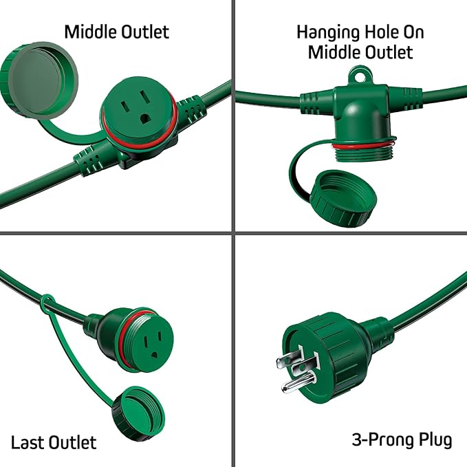 50FT Green Outdoor Extension Cord, Evenly Spaced 6 Outlets Plugs - Image 4