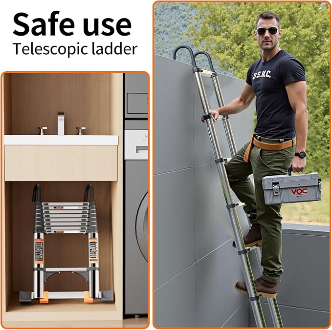 Telescoping Ladder, with Stable Hook and stabilizer barand, 8.5FT Extension - Image 8