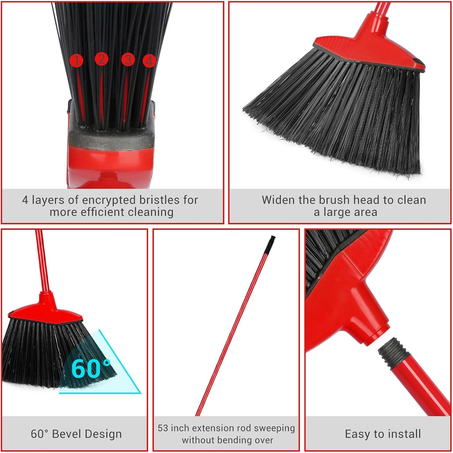 WILLBOND 20 Pcs Heavy Duty Broom Outdoor Indoor Commercial Angle Brooms Bulk for Courtyard Garage Lobby Mall Market Floor Home Kitchen Room Office Pet Hair Rubbish 54 Inch (Red)