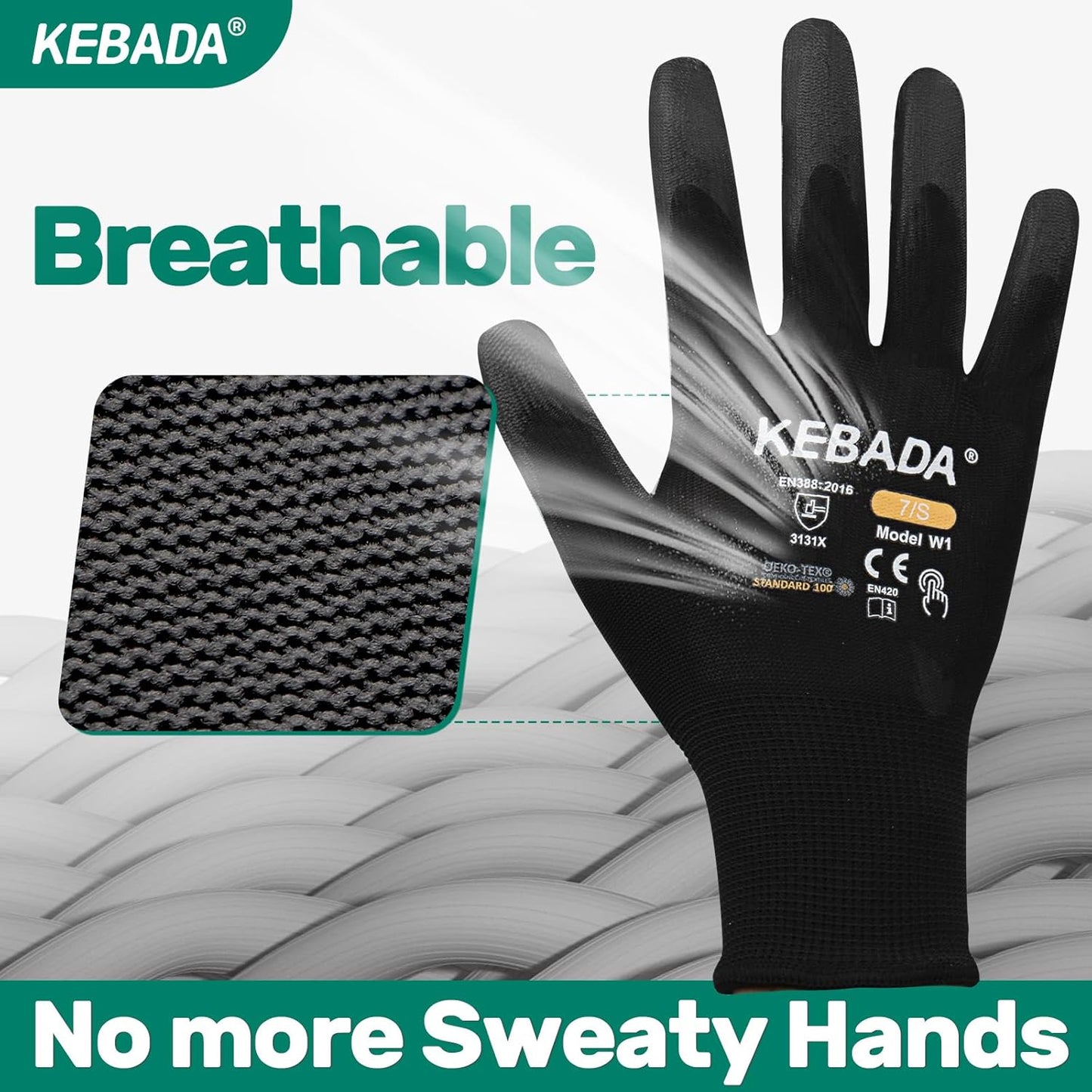 Kebada Safety Work Gloves,120 Pairs Bulk Pack, Touchscreen, PU Coated, Ideal for Warehouse, Construction, Gardening and Mechanics, Black, Small