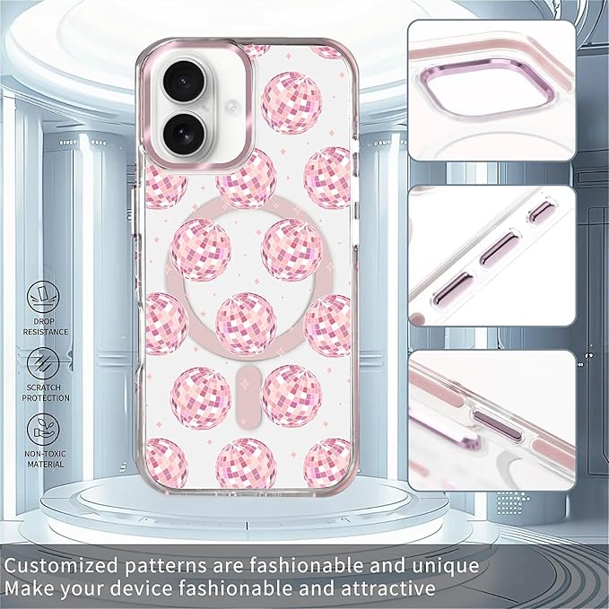 Case for iPhone 16, Disco Balls Pink Phone Case Design，for Women Girls Magnetic - Image 2