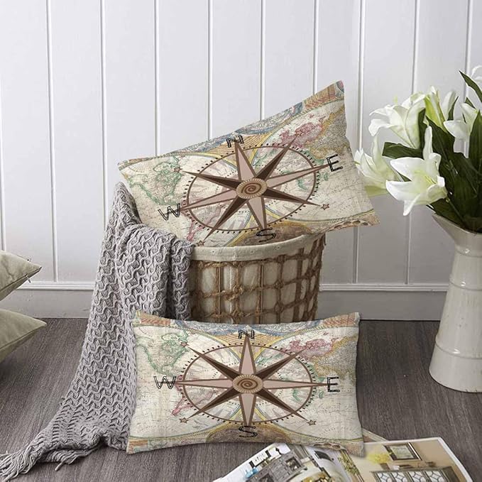 Nautical Compass Throw Pillow Covers 12 X 20 Historical World Map Earth - Image 6