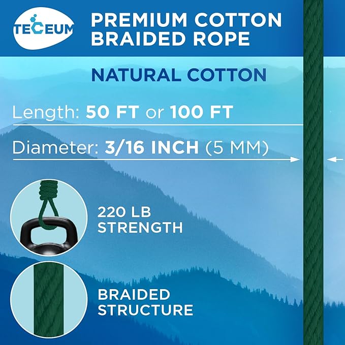 TECEUM Cotton Rope 3/16” – 100 FT – Strong All-Purpose Braided Rope – Natural - Image 2