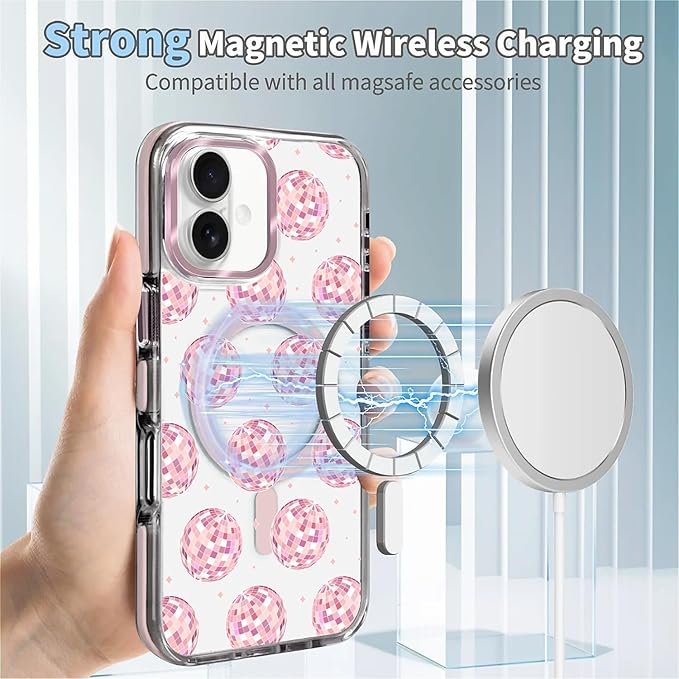Case for iPhone 16, Disco Balls Pink Phone Case Design，for Women Girls Magnetic - Image 4
