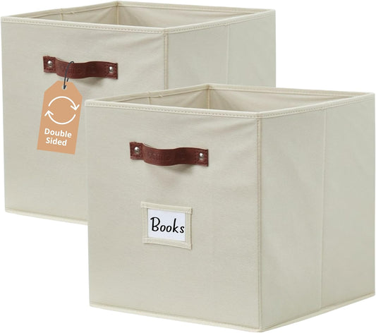 DECOMOMO Storage Bins, Cube Storage Bin with Labels, Fabric Storage Cubes for Shelves (10.5" x 11" / 2pcs, Beige)