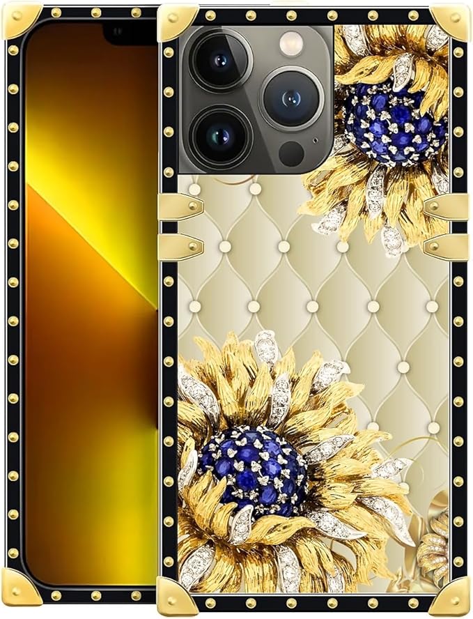 Compatible with iPhone 13 Pro Case, Sunflower Diamonds Leather Luxury Golden by Unknown