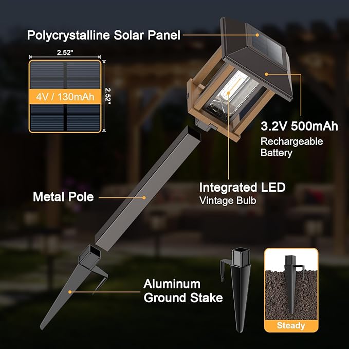 XMCOSY+ 4-Pack Solar Pathway Lights Outdoor, 25 Lumens Vintage Edison LED - Image 8
