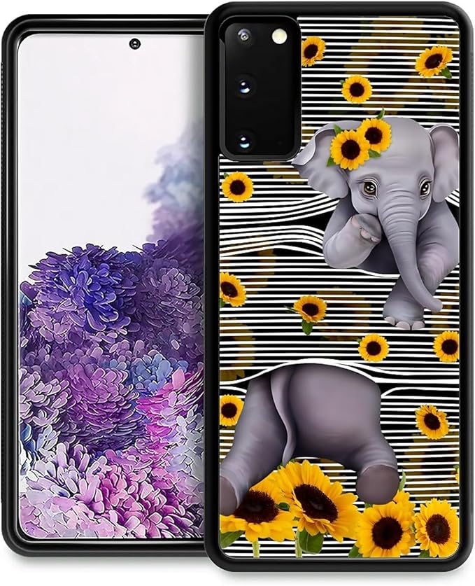 for Samsung Galaxy S20 Case, Cute Little Elephant Sunflower White Line Art by FKBRCL4U