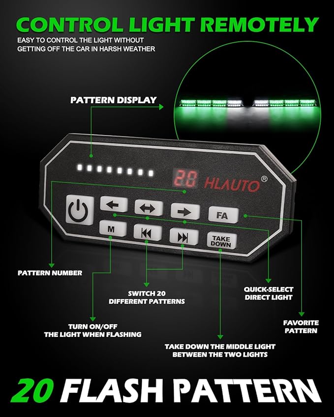 HLauto 604N Emergency Dash Strobe Lights: 2x16.8 inch Green Security Light - Image 4