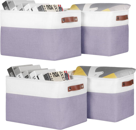 Univivi Large Fabric Storage Baskets Hard Bottom Organizer Bins for Shelves Organizing Foldable Storage Bins with PU Handles for Closet (Purple-4-Pack)