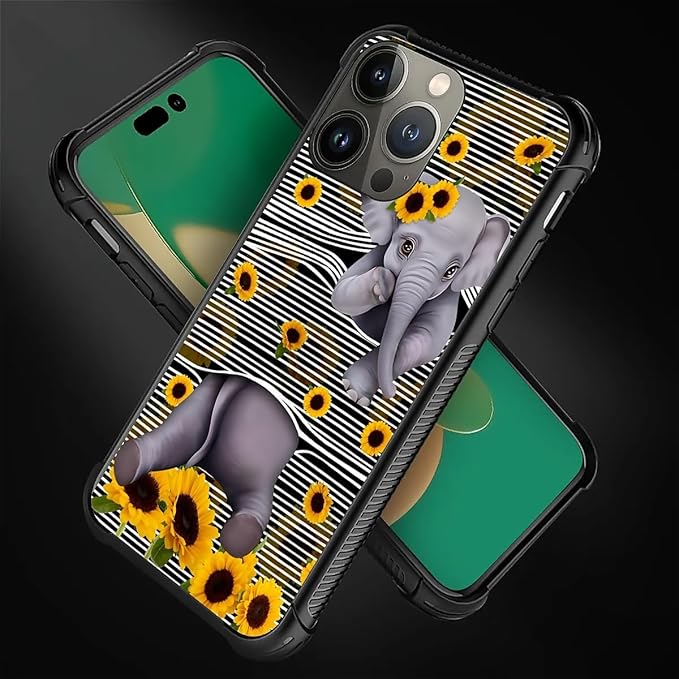 for iPhone 11 Pro Max Case, Cute Little Elephant Sunflower White Line Art - Image 2
