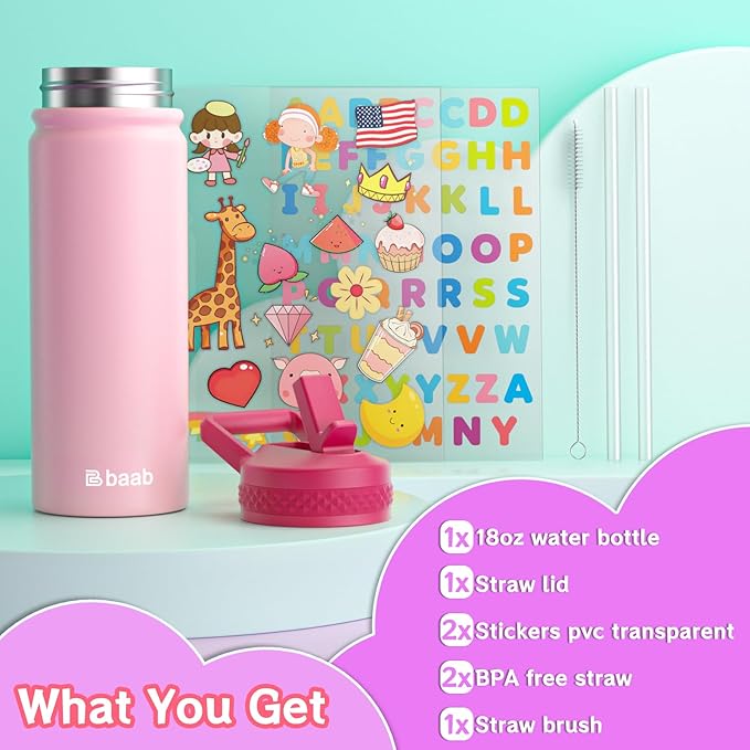 baab 18oz Kids Water Bottle, Insulated Water Bottle - Image 7