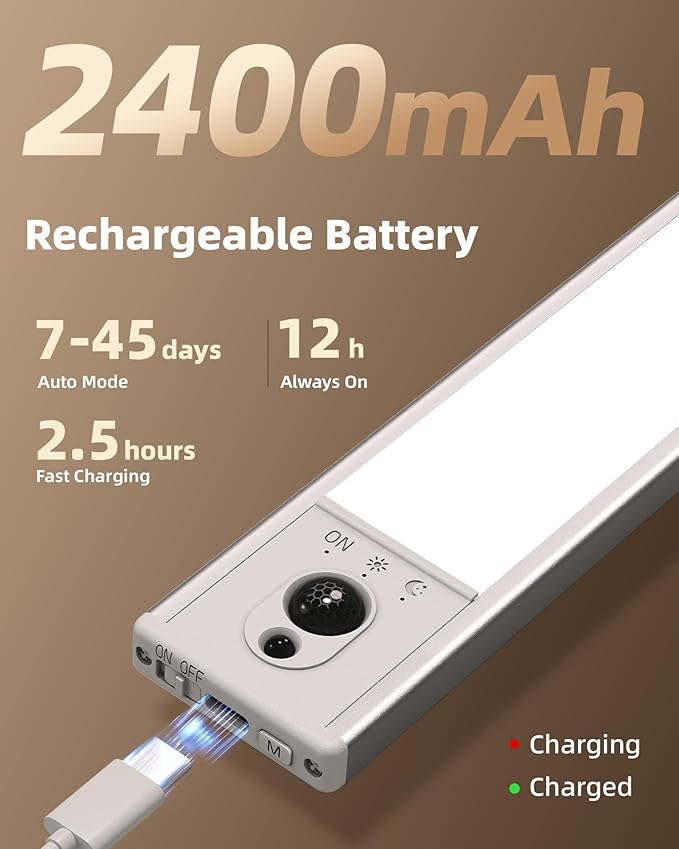 EZVALO 3-Pack Under Cabinet Lighting, 2400mAh Motion Sensor Light, LED Closet - Image 4