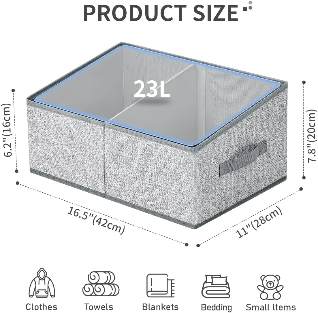 DIMJ Storage Baskets for Shelves 8 Packs - Large Trapezoid Closet Organizer Bins with Handles and Divider, Foldable Clothes Containers Box for Shelf, Towel, Book, Toy, Purse, Grey