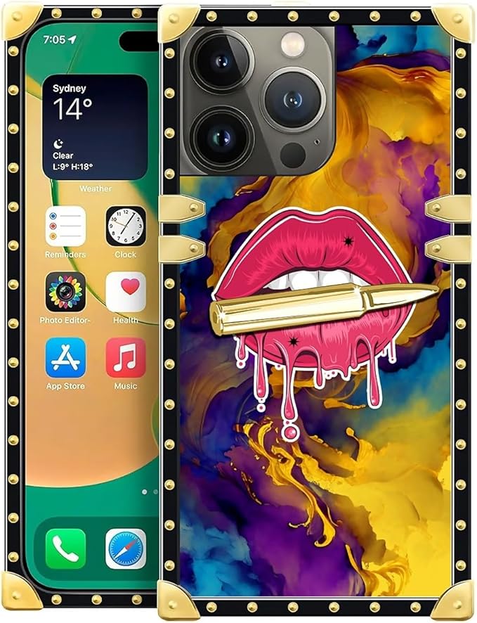 Compatible with iPhone 14 Pro Max Case, Cool Corlorful Lip Marble Luxury Golden by Unknown