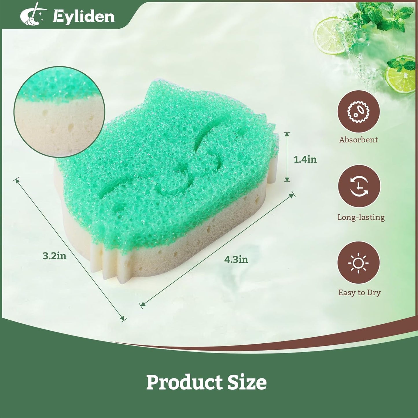 Eyliden 6 Pack Scrub Sponge - Dual-Sided, Smart-Temp Firmness, Dish Scrubber, Non-Scratch, Multi-Surface Safe Cleaning Sponges - Kitchen, Bathroom, Dish for Scrubbing (6)
