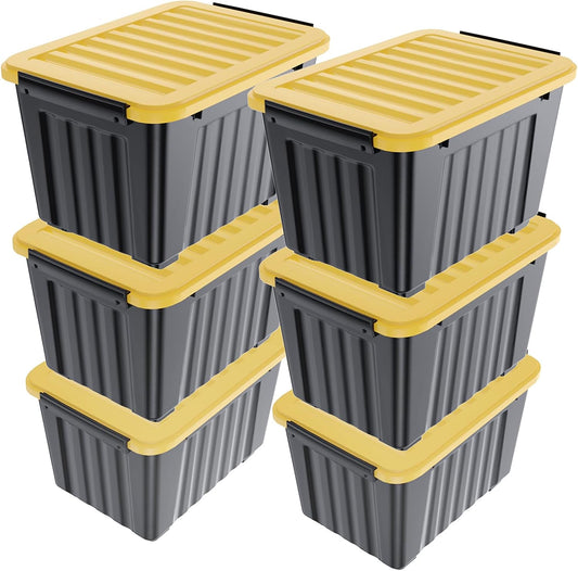 Nazhura 72Quart Plastic Storage Bin, Stackable and Nestable Storage Boxes with White Lids and Secure Latching Buckles, Large Storage Container (Black/Yellow, 72Quart-6Pack)