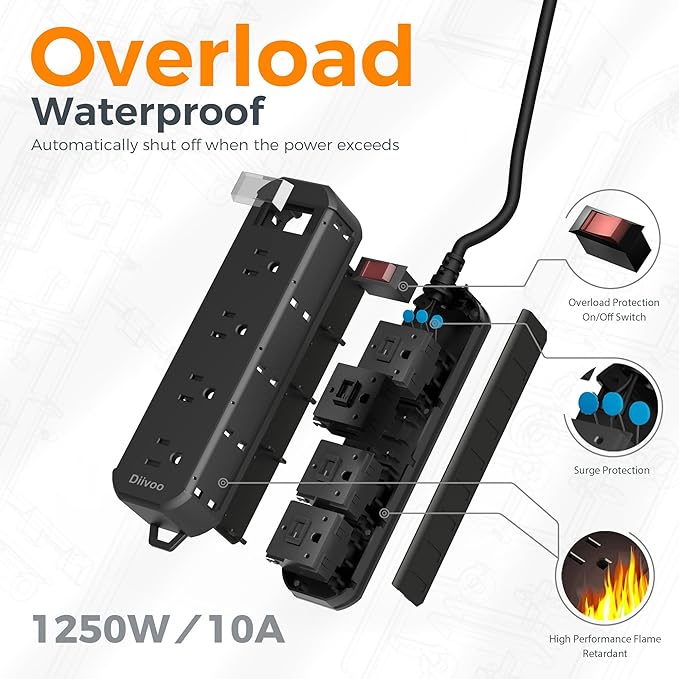 Outdoor Power Strip Weatherproof, 50 FT Extension Cord, Diivoo Waterproof Surge - Image 6