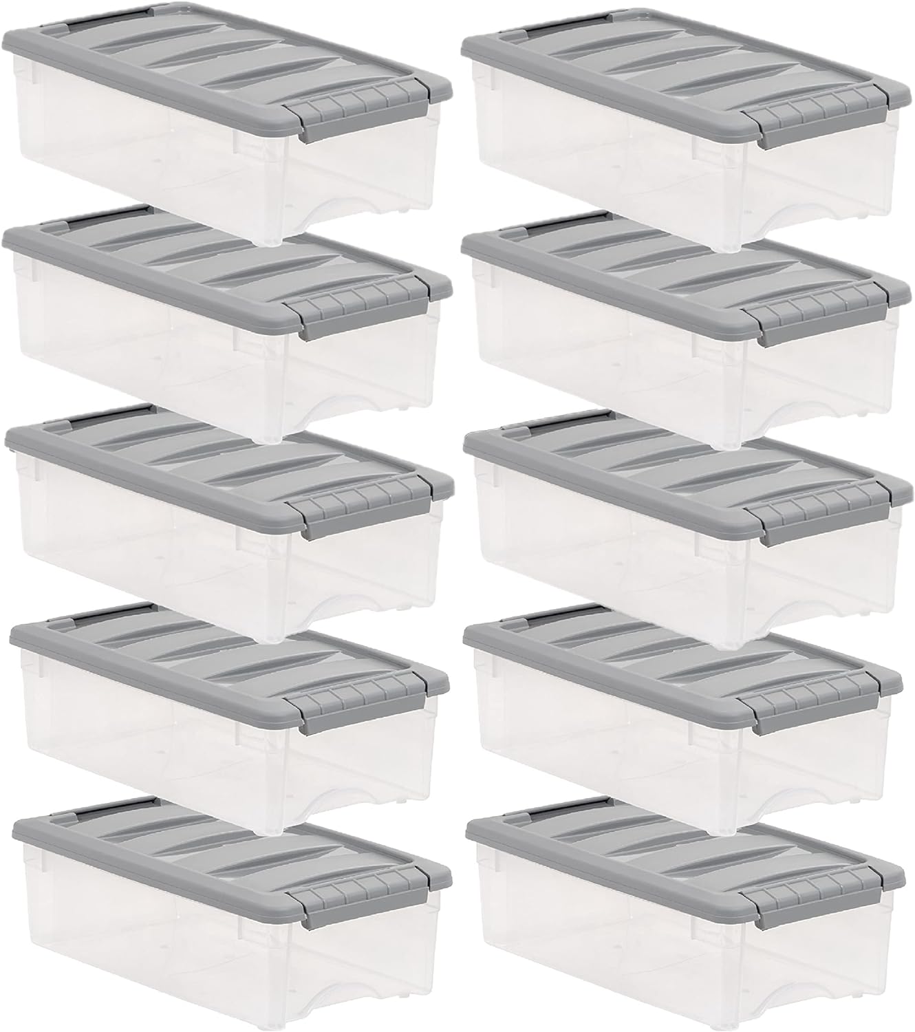 Amazon Basics Plastic Storage Containers with Secure Latching Lids, Stackable Organization Bins, Clear/Grey, 5 Quart, Set of 10