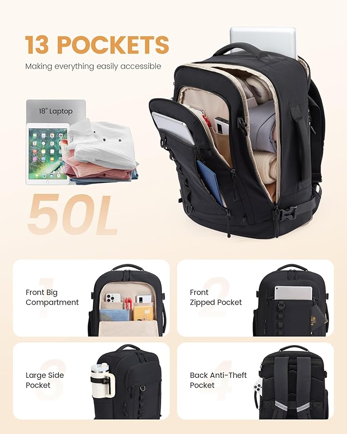 LOVEVOOK 50L Travel Backpack for Men Women, Waterproof Carry On Backpack for - Image 3